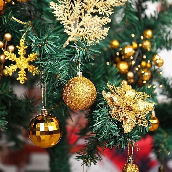 Sratte 94 Pcs Christmas Tree Decorations Set, Christmas Tree Ball Ornaments Glitter Poinsettia Flowers Decorations Glitter Berries Stems for Xmas Holiday Wedding(Gold)