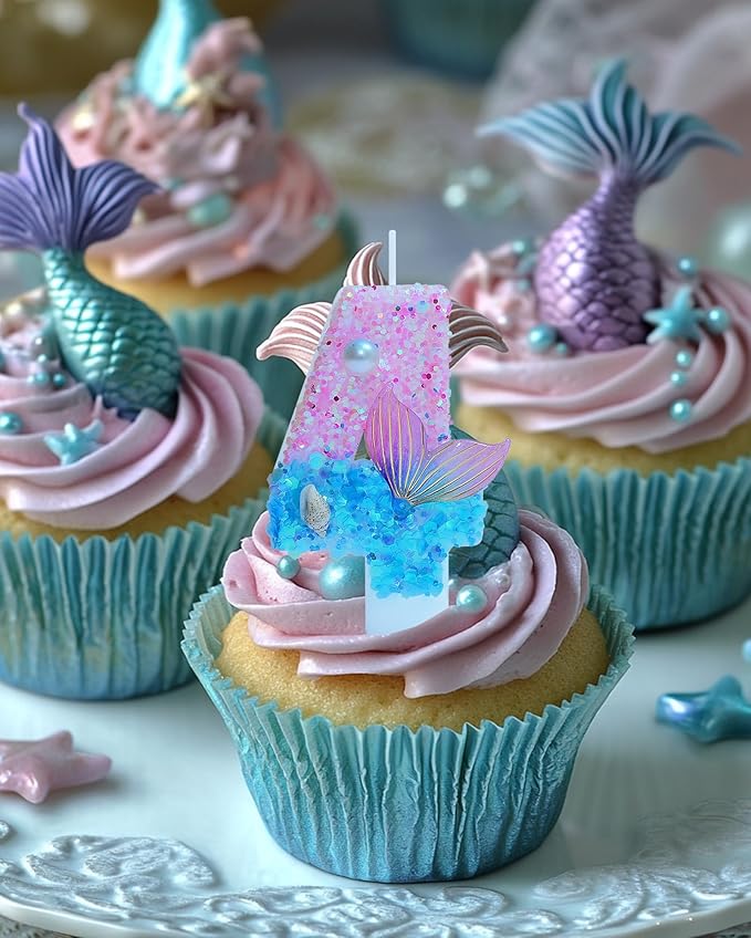 Mermaid Themed Birthday Candles, Number 4 Girls Glitter Birthday Party Supplies,Anniversary Party Decor,2.87 inch Cake Topper Decorations (Mermaid Themed, Number 4)