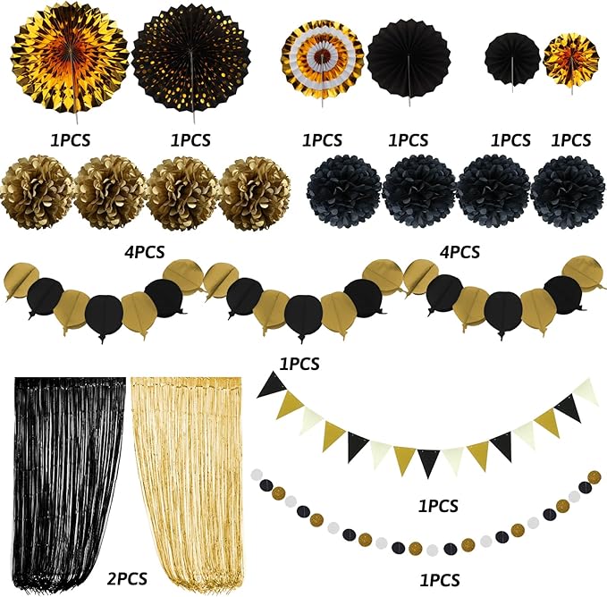 ZERODECO Gold and Black Party Decorations, Hanging Paper Fan Pom Poms Pennant Garland String Banner Fringe Curtains Birthday Parties Graduation Wedding Happy New Year Eve Party Decorations