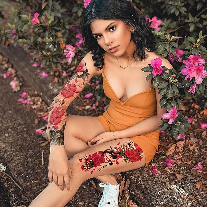 Aresvns Temporary Tattoo Flowers for Women and Kids (L19“xW7”),Beautiful Sleeve Tattoos Waterproof and Long-Lasting, Full Arm Fake Tattoos for Girls Christmas Gift,for BBQ Pool Beach Party