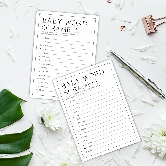 Baby Shower Party Games- Minimalism Black &White-Baby World Scramble Game For Guest-30 Game Cards & 1 Answer Card-Wishes For Baby-Baby Announcement Gender Reveal Game Card 11