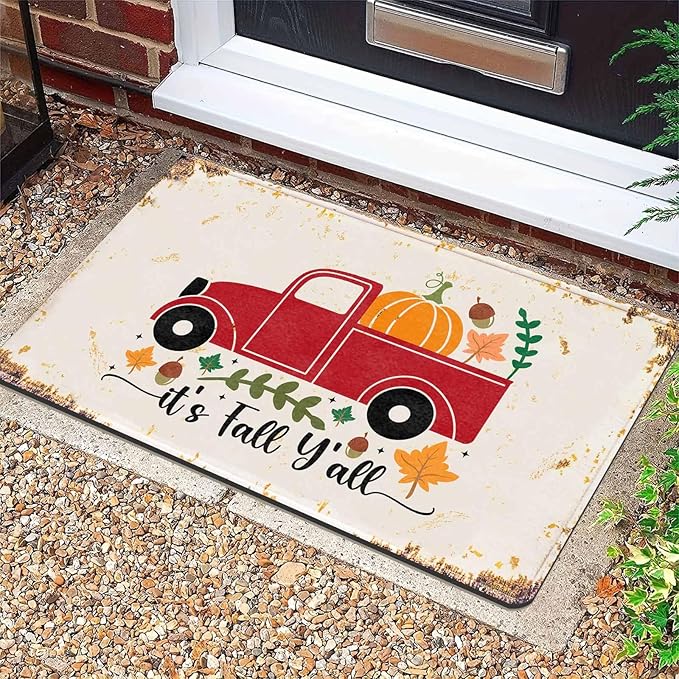 Fall Door Mat, Pumpkin Truck Welcome Mats Outdoor Autumn Doormats for Front Door Decorations Autumn Harvest Vintage Thanksiving, 30"x18"inch