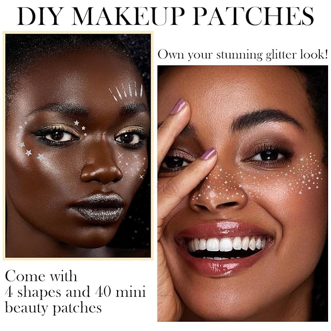 20 Pcs Silver Face Makeup Patches, Silver Glitter Freckles Face Tattoo, Easy Application Sparkle Makeup Freckles, Waterproof Glitter Temporary Tattoos for Women