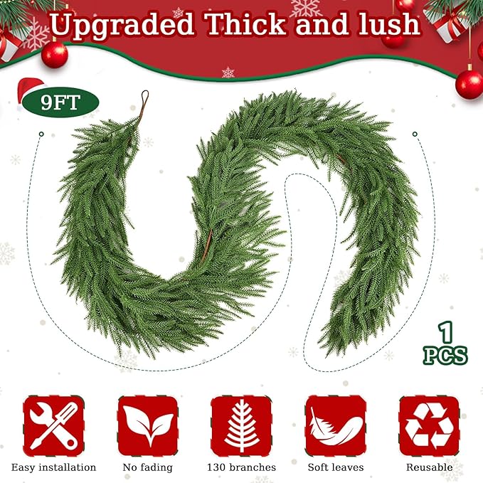 9 Ft Norfolk Pine Garlands,Artificial Christmas Real Touch Greenery Garland Realistic Faux for Mantle,Table,Sairs,Wall, Indoor,Outdoor Holiday Christmas Decorations Xmas-Green