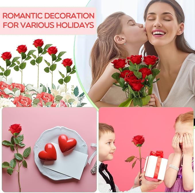 Hotop 80 Pcs Rose Artificial Flowers Bulk with Long Stem, Silk Roses Realistic Fake Flowers Bouquet for Wedding Table Centerpieces Bridal Shower Party Home Decorations(Red)