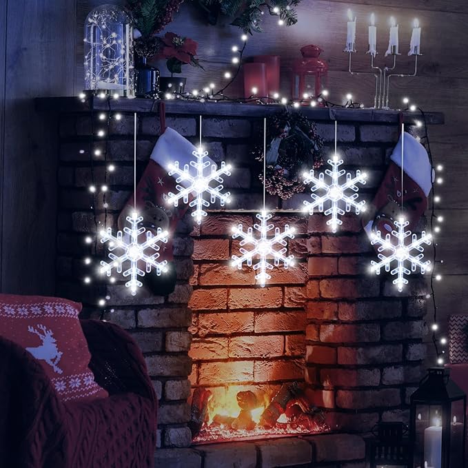 5Pack Christmas Window Lights Decorations with Timer,Battery Powered Christmas Hanging White Lighted Snowflake Shaped LED Sucker for Xmas Tree Fireplace Indoor Decor