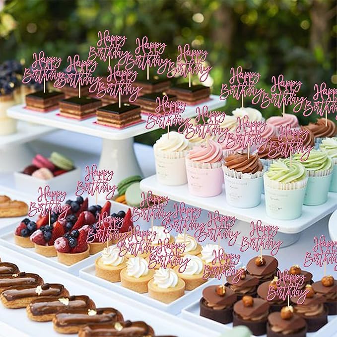 24 PCS Glitter Cupcake Toppers - Happy Birthday & Anniversary Picks - Pink