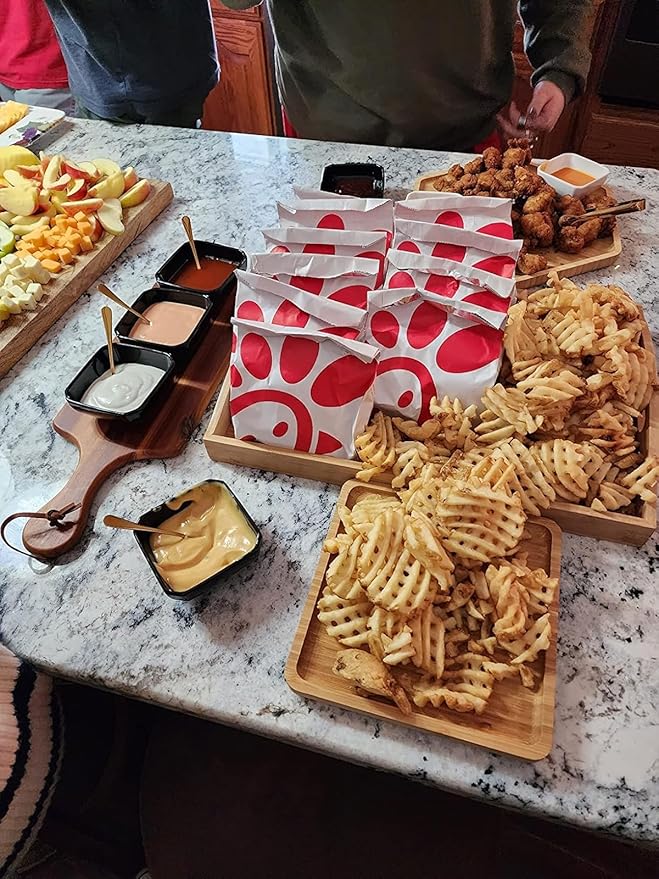 Bamboo Serving Trays Cutting Boards 16.5"x11.8"（42x30cm with Handle, Set Includes 0.63"(1.6cm) Thick Plates 1xHexagon 12.5"(32cm)+1xHexagon 9.8"(25cm)+1xSquare 5.9"(15cm) for Family Dinner