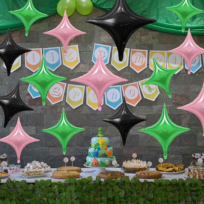 Black Pink Green Balloons,12Pcs Four Angle Star Foil Balloons,26Inch and 10Inch Black Green Pink Quadrangle Star Helium Balloon for Witch Halloween Birthday Anniversary Party Decorations