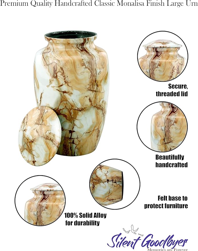 Large Cremation Urn | Handcrafted Marble Finish Adult Cremation Urn | Funeral and Memorial Cremation Urns for Human Ashes up to 200 lbs with Velvet Bag (Monalisa)