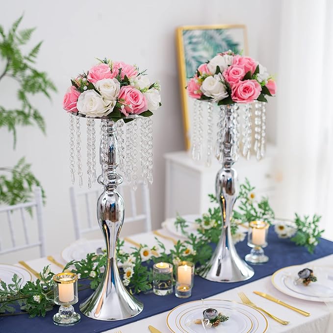 Silver Vases for Centerpieces, 21.3in Crystal Flower Arrangement Stand, Wedding Centerpieces for Tables, Tall Metal Flower Vase Holders for Wedding, Event, Reception, Birthday, Home Decor, 2 Pcs