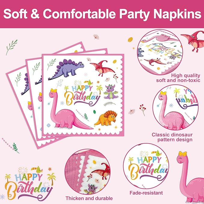 96 PCS Pink Dinosaur Party Supplies, Dinosaur Birthday Party Tableware Set for Girls Pink Dino Plates Napkins Forks for 24 Guests