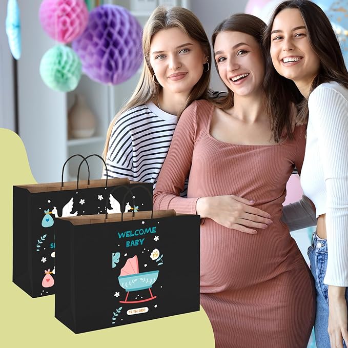 MESHA Large Gift Bags 16x6x12 Inch 50pcs, Black Paper Bags With Handles Bulk,Kraft Shopping Bags Reusable for Small Business,Merchandise,Retail,Grocery,Birthday,Kids Party,Favors