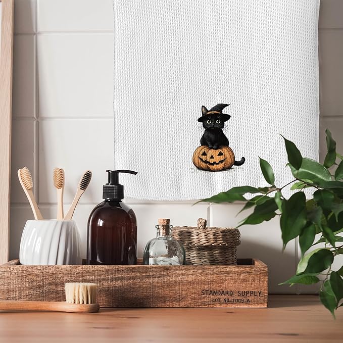 TNUW Halloween Black Cat Pumpkin Kitchen Towels 16x24 Inch, Black Cat Halloween Decor Dish Tea Towels for Kitchen, Witchy Kitty Spooky Pumpkin Decorative Hand Towel for Bathroom Decor