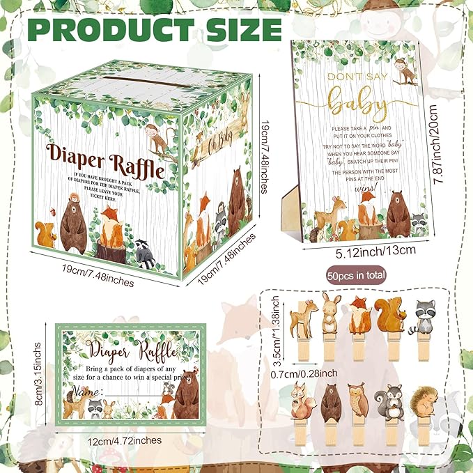 102 Pcs Baby Shower Game Supplies Diaper Raffle Tickets with Diaper Raffle Card Box Don't Say Baby Sign Mini Clothespin Baby Shower Game Decor for Baby Shower Gender Reveal(Animal)
