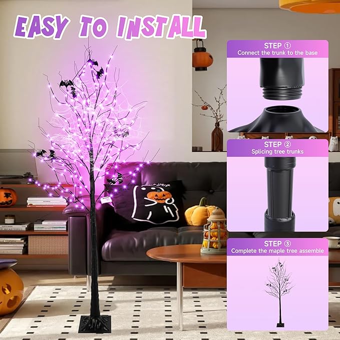 Halloween Lighted Tree with 260 LED Lights, 6FT Black Halloween Tree with Timer, 8 Modes, Dimmable, Spider Web & Bats DIY, Indoor Outdoor Halloween Decorations