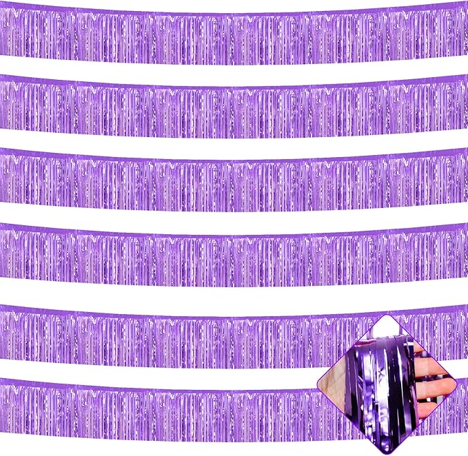 6 Pack 10 Feet Foil Fringe Garland Metallic Tinsel Streamers Banner Wall Hanging Curtain Backdrop for Parade Floats, Wedding, Disco, Birthday, Halloween, Christmas Party Decorations(Light Purple)