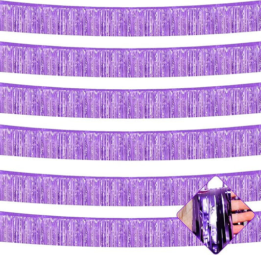 6 Pack 10 Feet Foil Fringe Garland Metallic Tinsel Streamers Banner Wall Hanging Curtain Backdrop for Parade Floats, Wedding, Disco, Birthday, Halloween, Christmas Party Decorations(Light Purple)