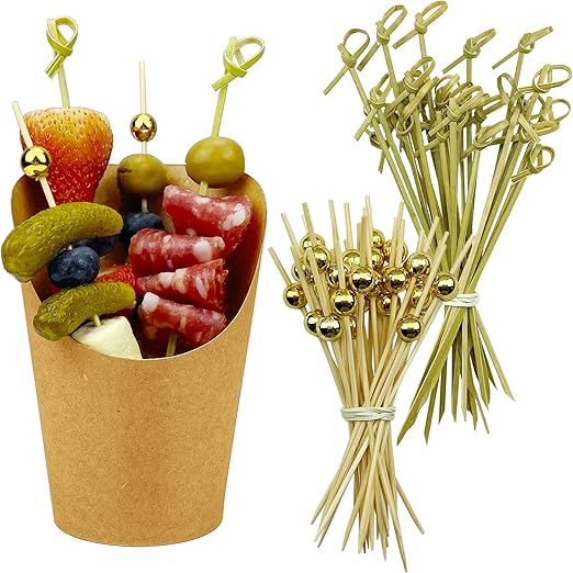 CAMKYDE [50 cups + 200 picks] 14 oz Disposable Charcuterie Cups with Sticks (Brown)