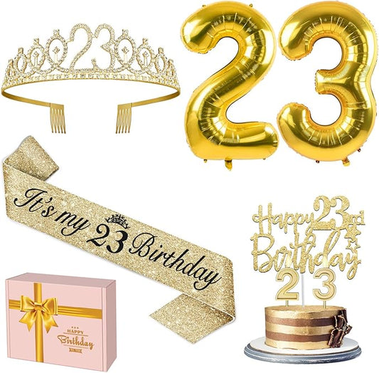 23rd Birthday Decorations for Women Gold Set with 23rd Birthday Tiara and Sash, Cake Topper and Number Candles , Balloons, 23 Year Old Gifts for Women