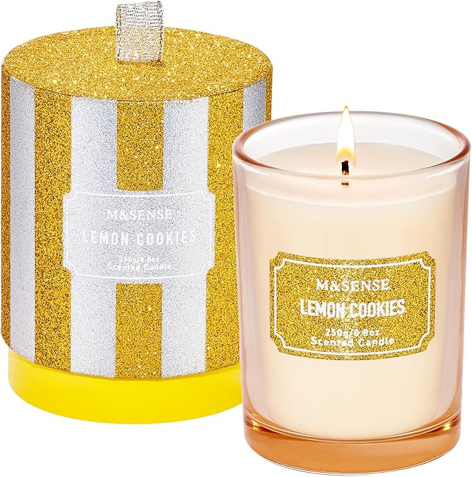 M&SENSE Lemon Scented Candles, Classic Size 8.8 oz Glitter Jar Candles, Holiday Candles Gifts for Women, Strong Scented Natural Soy Candle for Winter Home Decor, 50 Hours Long Burning Candle