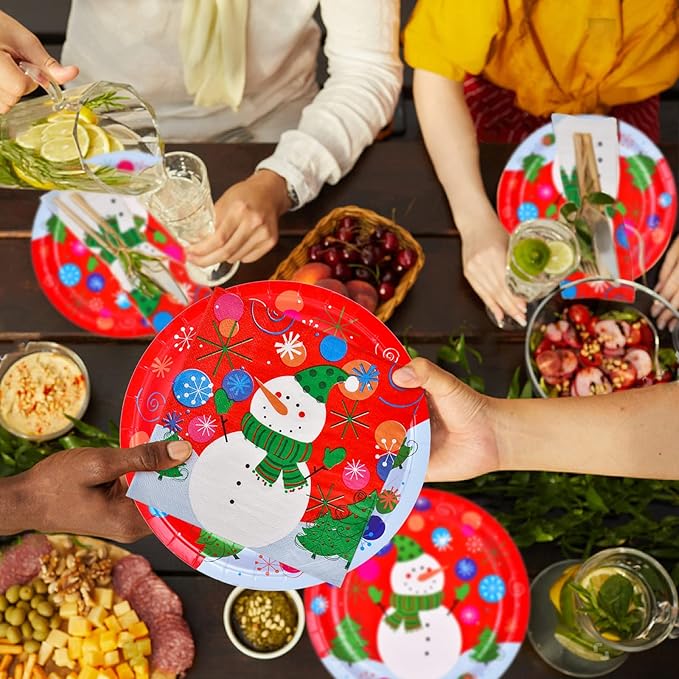Gatherfun Christmas Party Supplies Christmas Snowman Disposable Paper Dinner Plates and Napkins for party decorations, Serve 50