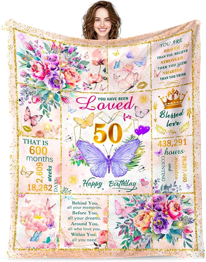50th Birthday Gifts for Her Women, 50 Year Old Gifts for Women, Soft Purple Butterfly Flower Blanket for Anniversary Christmas, 50th Birthday Decorations for Woman, Warm Plush Fuzzy Blanket 60"x50"