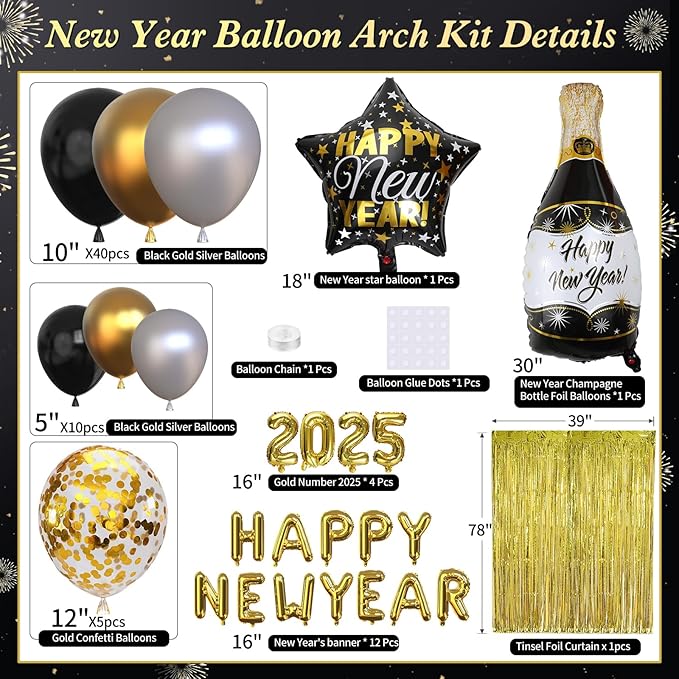 Nye Decorations 2025, Black and Gold Balloons 2025 Number Balloons Champagne Balloons New Year Banner Fringe Backdrop for New Years Eve Party Supplies 2025