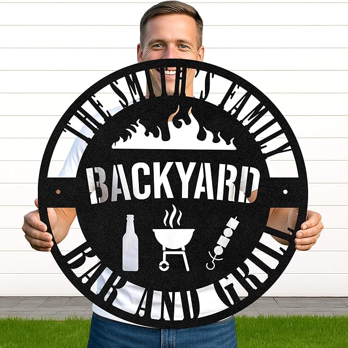 Custom BBQ Metal Sign Personalized Grill Name Wall Art for Outdoor Kitchen Patio Backyard Decor Fathers Gift for Dad Grandpa Husband Barbecue Smoker Area Sign, Grilling Lover Gifts 73