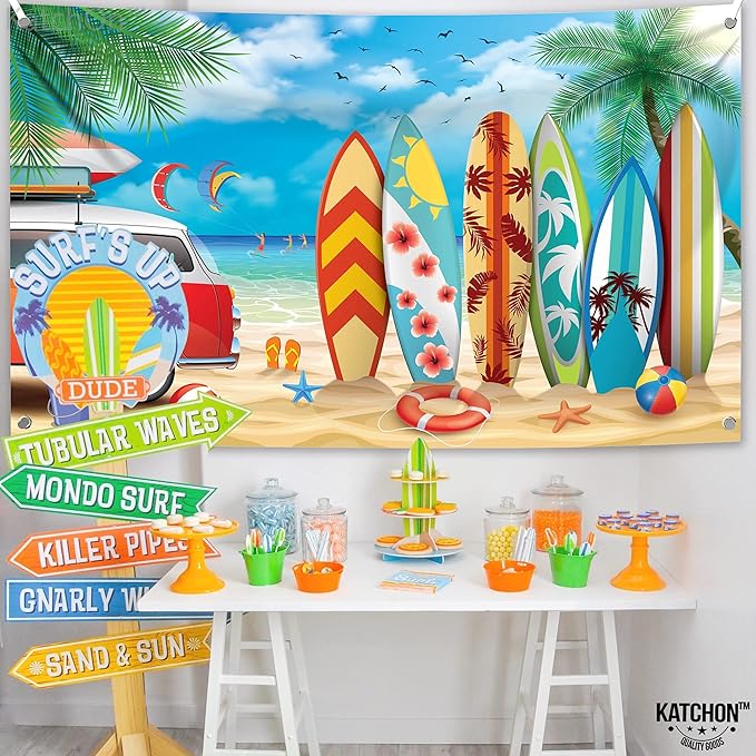 KatchOn, Xtralarge Beach Backdrop for Photography - 72x44 Inch | Aloha Blue Sky Ocean Palm Tree with Surfboard Background | Surfboard Backdrop, Surf Board Decoration | Surf Decorations For Party