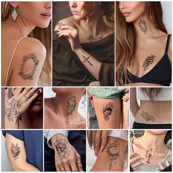 47 Sheets Baroque Temporary Tattoo for Women Men, 17 Sheets Half Arm Large Cross Skull Poker Angels Fake Tattoos, 30 Sheets Lion Flowers Tiny for Adult Kids Body Tattoos Stickers Realistic