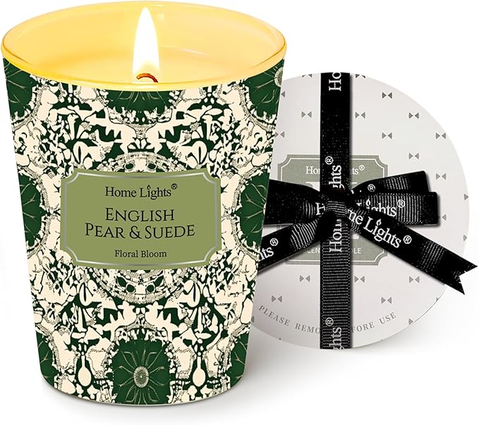 HomeLights Soy Wax Candles for Home Scented, 1-Wick Candles in English Pear & Suede Scented, Aromatherapy Candles Gift for Parties, Relaxing, Bohemian Natural Textures, 6.7oz