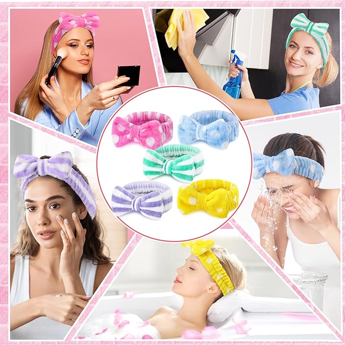 50 Pcs Pink Spa Headband Bulk Spa Sleepover Party Supplies for Washing Face with Removable Bow Makeup Elastic Bowknot Headband for Women Gifts Skincare Microfiber Hairband(Fresh Style)