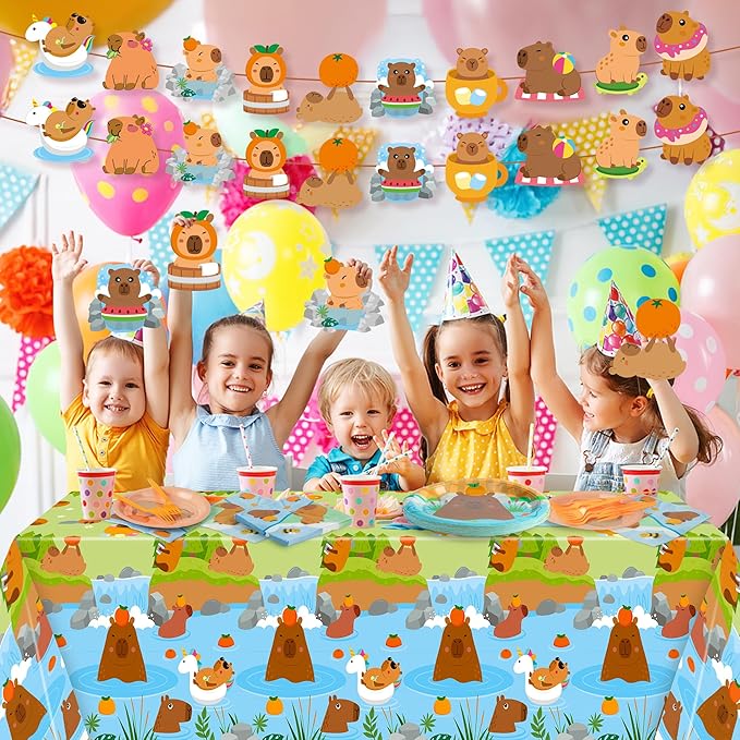 Capybara Party Decoration - Serves 24 - 112Pcs Cute Cartoon Capybara Party Supplies, Animal Orange Disposable Plate Napkin Forks Tablecloth Banner Card, for Kids Birthday Baby Shower