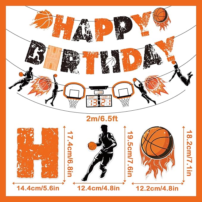 SUNBEAUTY Basketball Happy Birthday Banners，Basketball Themed Party Decorations, Basketball Themed Party Supplies Basketball Slam Dunk Garland Birthday Party Bunting Sign for Kids Teenagers Boys Men