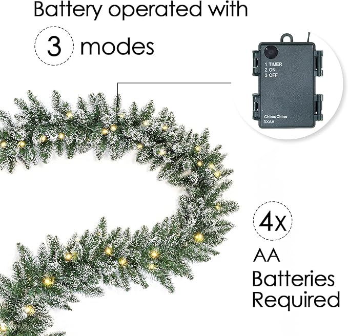 WBHome Pre-lit 9 Feet/106 Inch Christmas Garland with 100 LED Lights Holiday Decorations, Battery Operated (Batteries NOT Included)