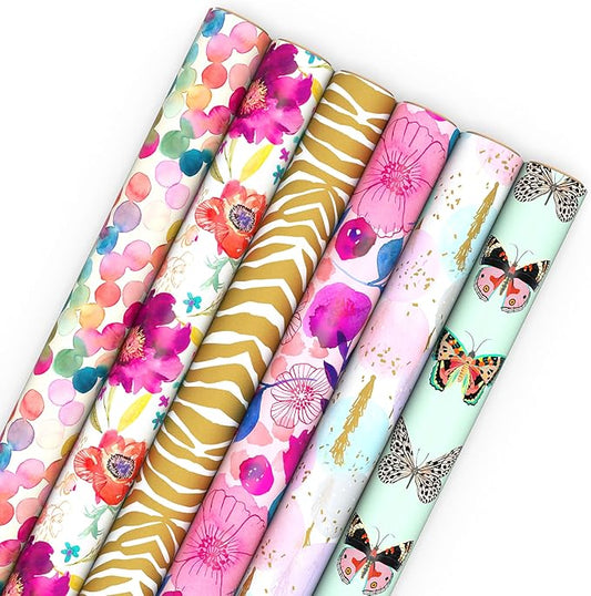 Hallmark Wrapping Paper Rolls for Birthday, Bridal Shower, Baby Shower, Gift Wrap Paper (Set of 6 Rolls: 180 sq. ft. ttl.) Butterflies, Gold Animal Print, Pink Flowers for All Occasions