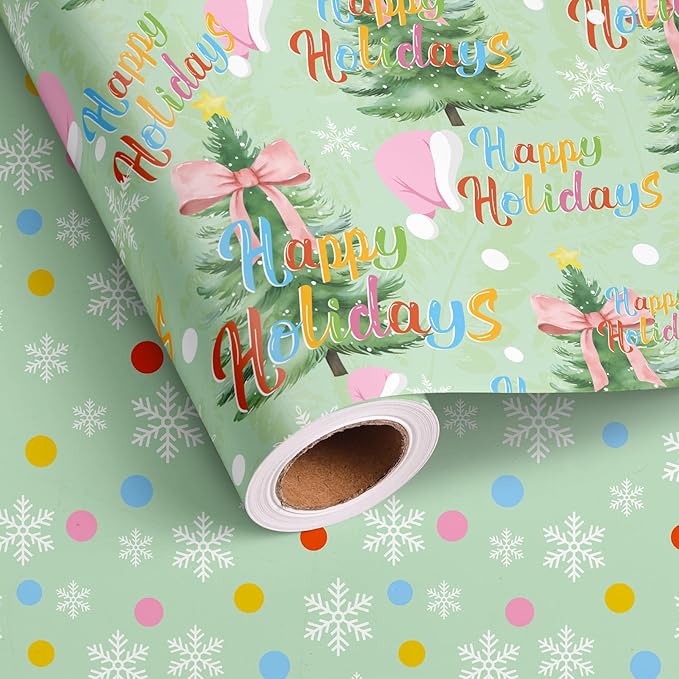 Vnaaem Reversible Green Christmas Wrapping Paper Roll - Happy Holiday Text, Santa hats & Polka Dots Design Gift Wrap for Holiday Party Celebration, DIY Craft - 17 In X 20 Ft(Total 28.5sq.ft)