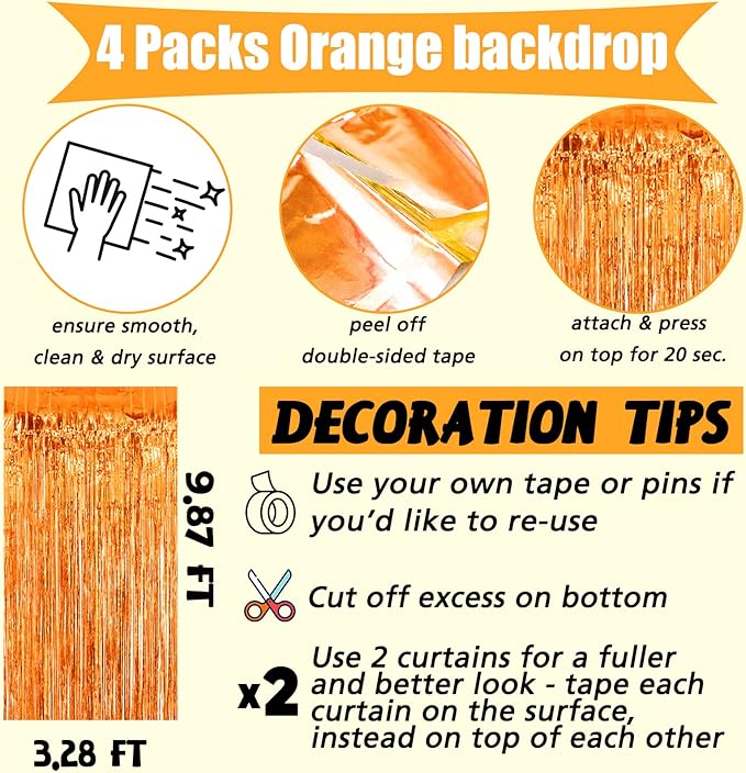 4 Pack Orange Fringe Curtain Backdrop, 3.2Ft x 9.8Ft Metallic Tinsel Foil Fringe Streamers Background for Photo Booth Birthday Wedding Baby Shower Carnival Easter Mother’s Day Party Decorations