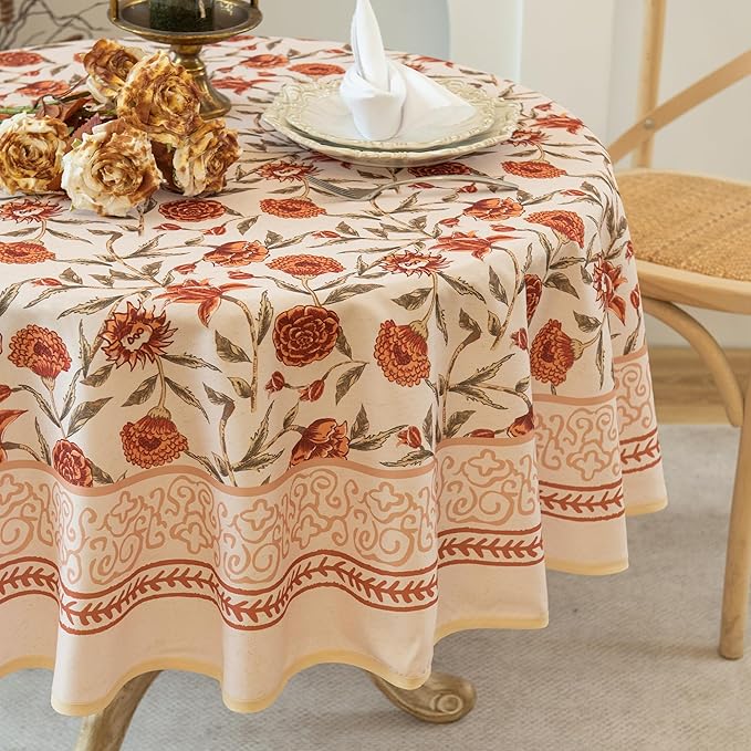 Valentine's Day Tablecloth 60" Round, Red Floral Waterproof Round Tablecloth Vintage French Style Home Decor, Elegant Floral Design, Stain Resistant, Perfect for Dining & Kitchen