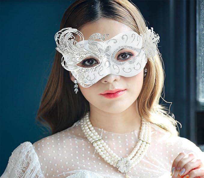 2025 New White Masquerade Mask for Women-Peacock Metal Masquerade Venetian Mask Silver- Masks for Women Butterfly - Mardi Gras, Halloween Parties, Costume Party, Carnivals, Wedding