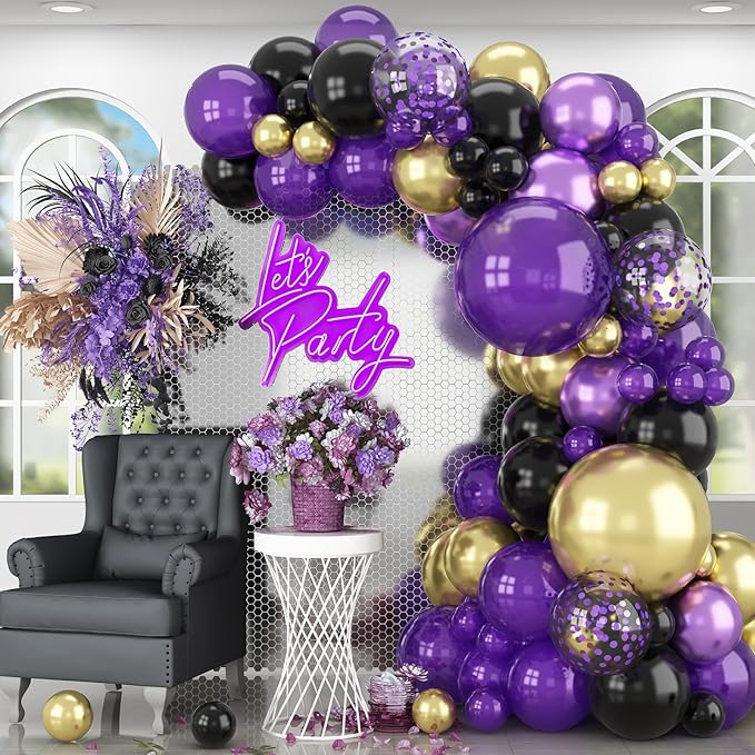 Purple Black and Gold Balloon Arch Kit Dark Purple and Gold Metallic Black Confetti Party Latex Balloons Garland for Women Wednesday Birthday Baby Shower Wedding Engagement Party Decorations