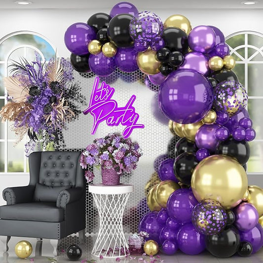 Purple Black and Gold Balloon Arch Kit Dark Purple and Gold Metallic Black Confetti Party Latex Balloons Garland for Women Wednesday Birthday Baby Shower Wedding Engagement Party Decorations