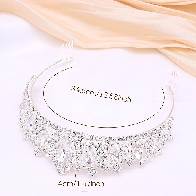 Oriamour Glamorous Crystal-Studded Wedding Crown with Leafy Accents and Combs (Silver, Normal)