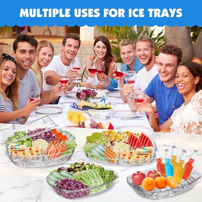 Ice Chilled Party Platter, 15 Inch Clear Veggie Fruit Trays with Lid and Dip, Cold Food Serving Trays for Parties, Charcuterie Boards with Ice Tray on Bottom