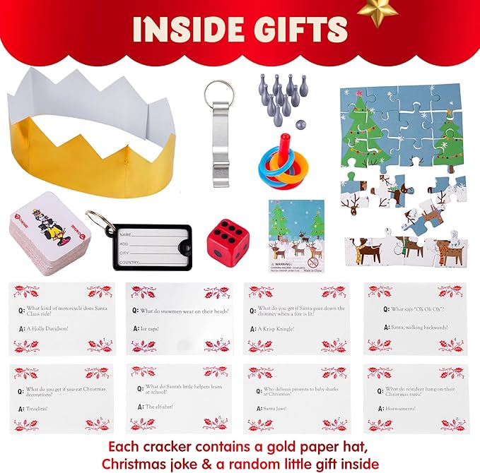 JOYIN 8 Pcs 10” Christmas Non-Snap Party Table Favor with Classic Design, with Party Hat, Joke & Little Gift Inside, for Xmas Gift, Christmas Seasonal Holiday Dinner Traditions