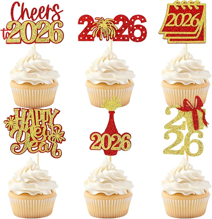 24 Pcs Happy New Year Cupcake Toppers Glitter 2026 Cupcake Picks Fireworks Hello 2026 Cake Decorations for Cheers to 2026 Happy New Year Party Supplies (Red & Gold)