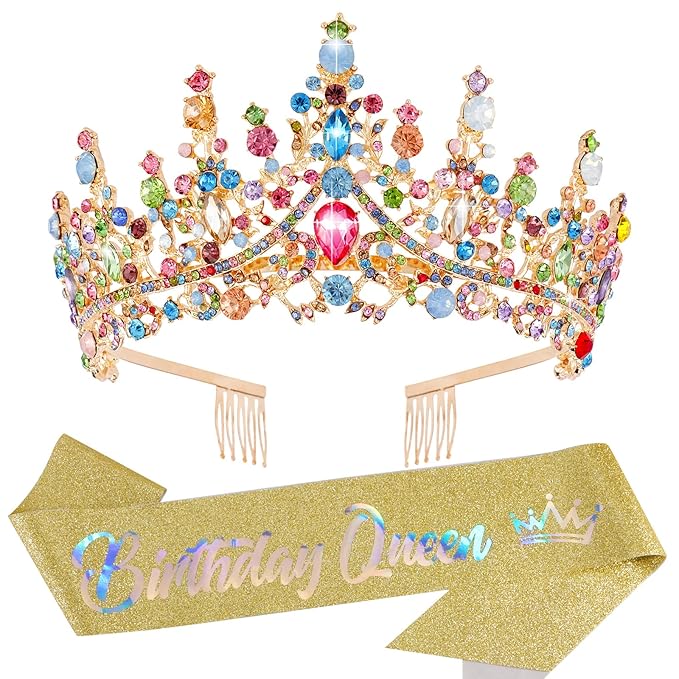 Velscrun Colourful Crystal Birthday Queen Tiara Crown for Women Girls Birthday Queen Headband Sash Elegant Princess Crown with Combs Hair Accessories Happy Birth Party Decorations Mom Birth Gift