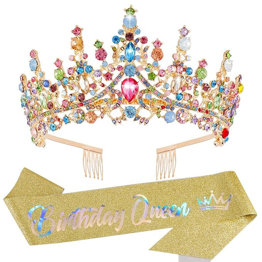 Velscrun Colourful Crystal Birthday Queen Tiara Crown for Women Girls Birthday Queen Headband Sash Elegant Princess Crown with Combs Hair Accessories Happy Birth Party Decorations Mom Birth Gift
