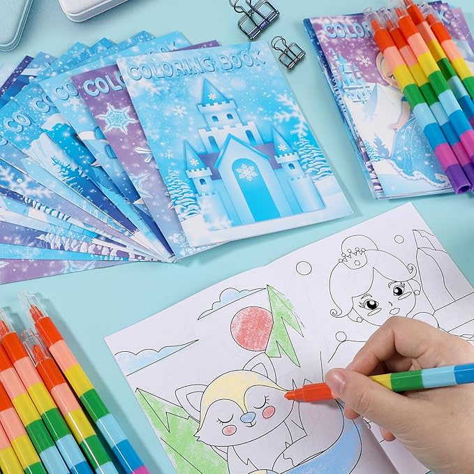 BenLouis 24 Frozen Mini Coloring Books with 24 Stacking Crayons Party Favors Winter Snowflake Themed Activity Book Crafts Bulk for Kids Frozen Birthday Goodie Bag Stuffers Christmas Classroom Supplies